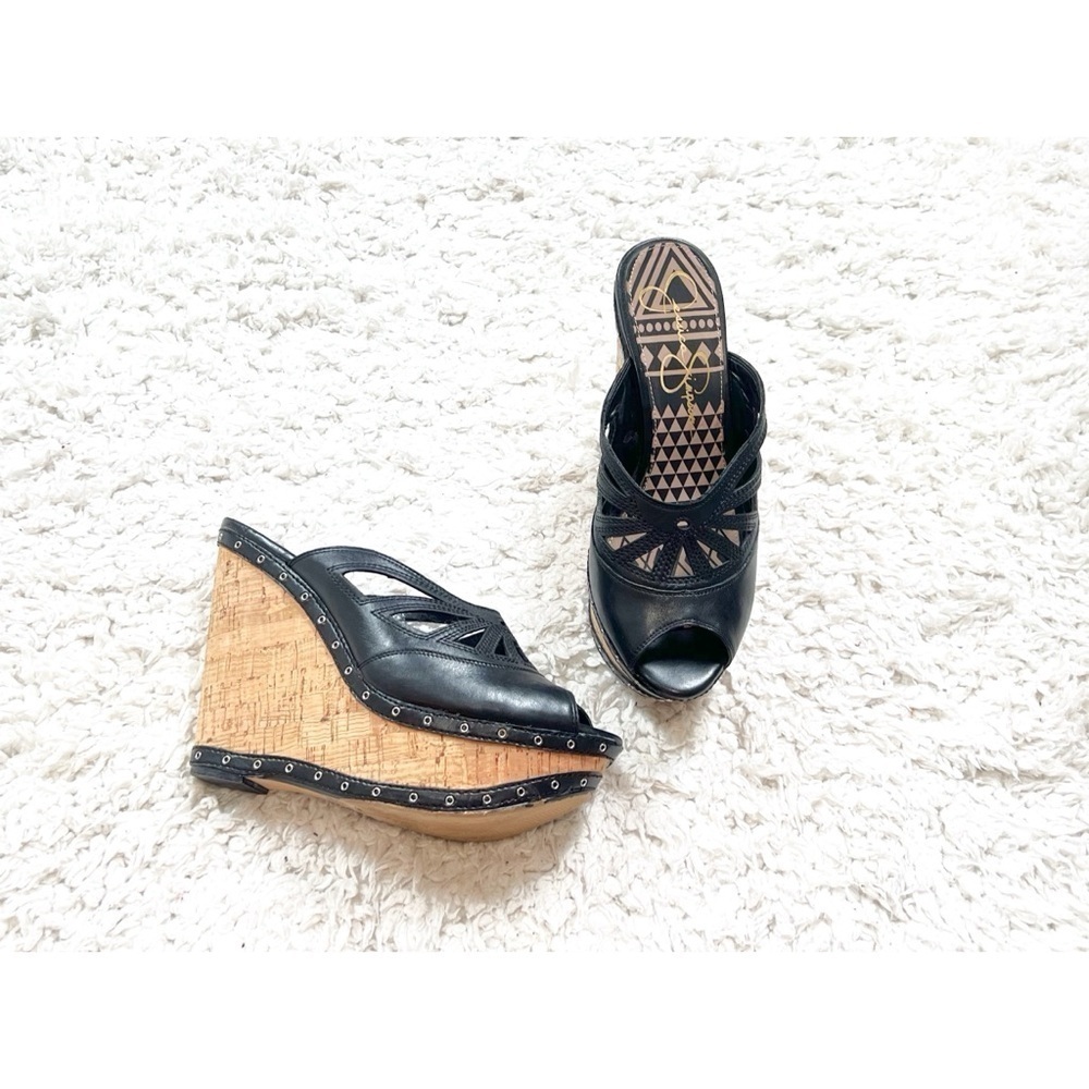 Jessica Simpson Kayla Platform Wedge Sandals Open Toe Black Leather 9.5 Slip On